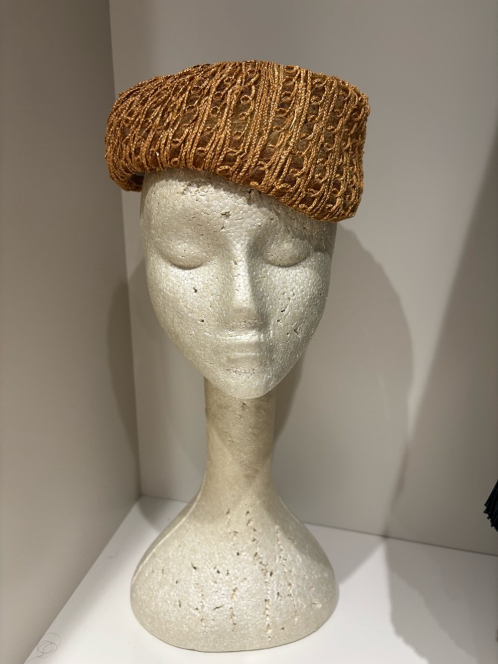 Vintage Textured straw Pillbox Hat in wheat neutral